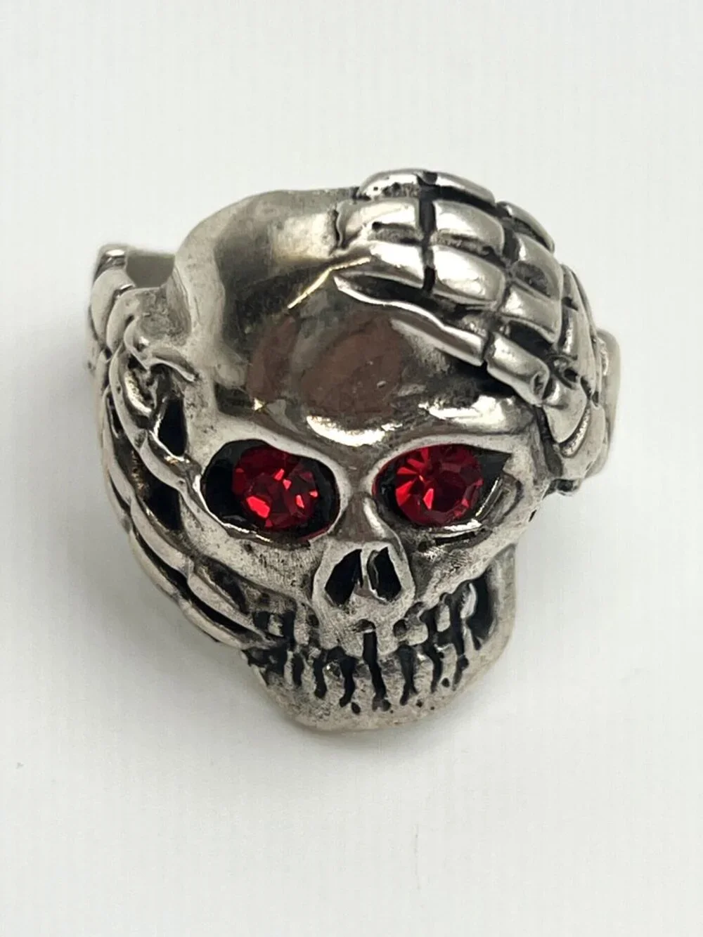925 Silver Men's Gothic Skull Ring w/ Red Crystal Eyes & Skeleton Hands - Sz. 12